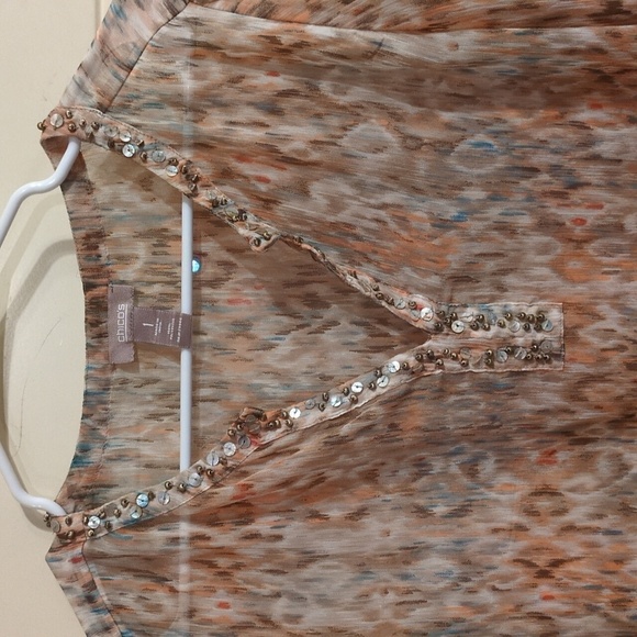 Chicos Tunic: Sheer, Abstract Print Embellished With Beads & Rhinestones, V-Neck - Picture 5 of 16